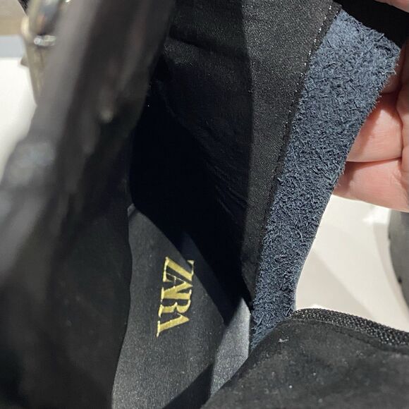 ZARA Chunky Lug Sole Ankle Boots Black Leather Buckles Side Zip Moto Y2K Size 8 - Picture 4 of 10